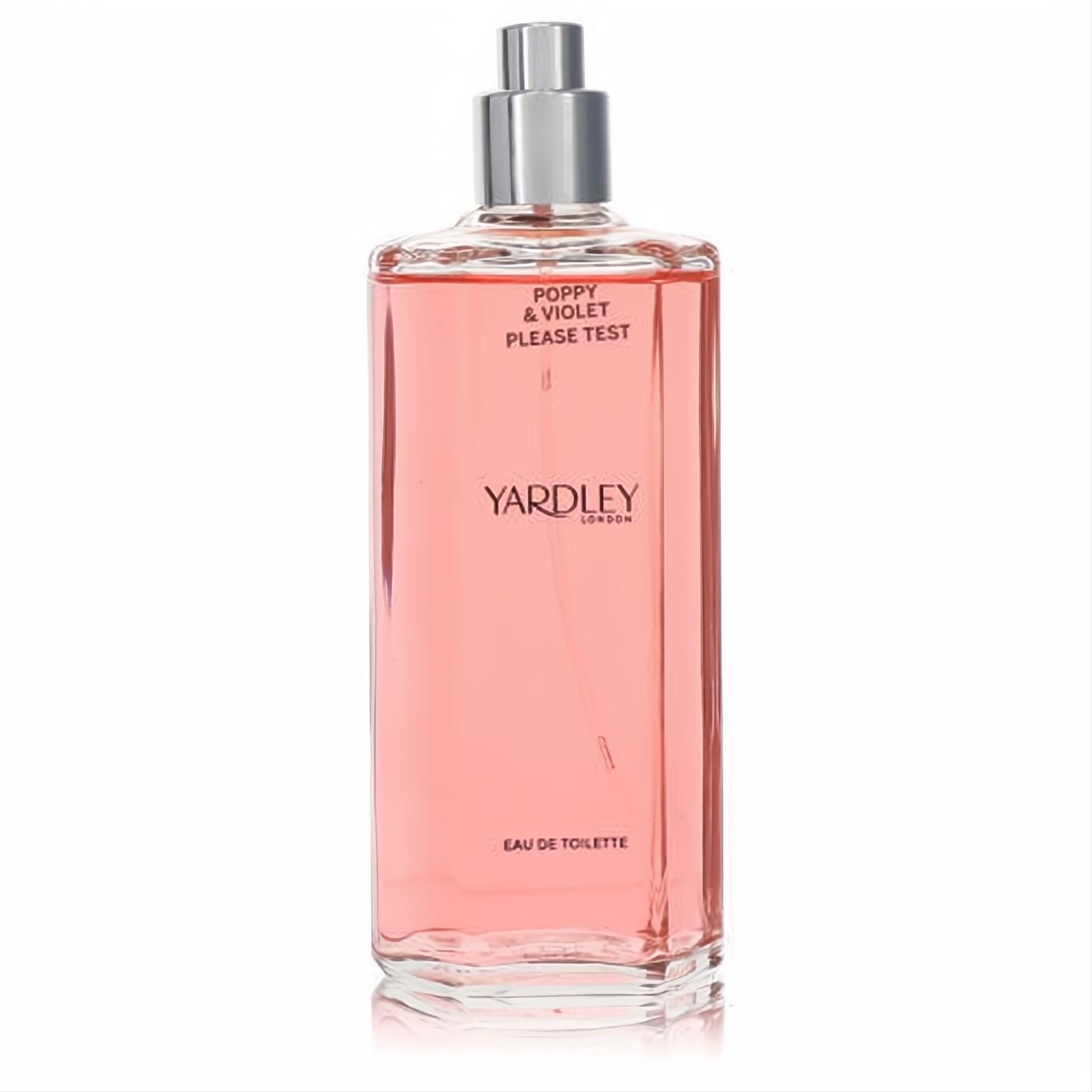 Yardley London Poppy & Violet Eau De Toilette tester. Sleek clear glass bottle with alluring pink fragrance and silver spray cap.
