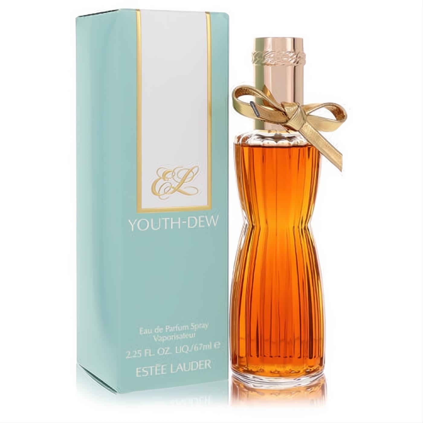 Luxurious Estee Lauder Youth Dew 2.25 oz Eau de Parfum in a golden ribbed glass bottle with elegant gold ribbon, beside its signature teal box.