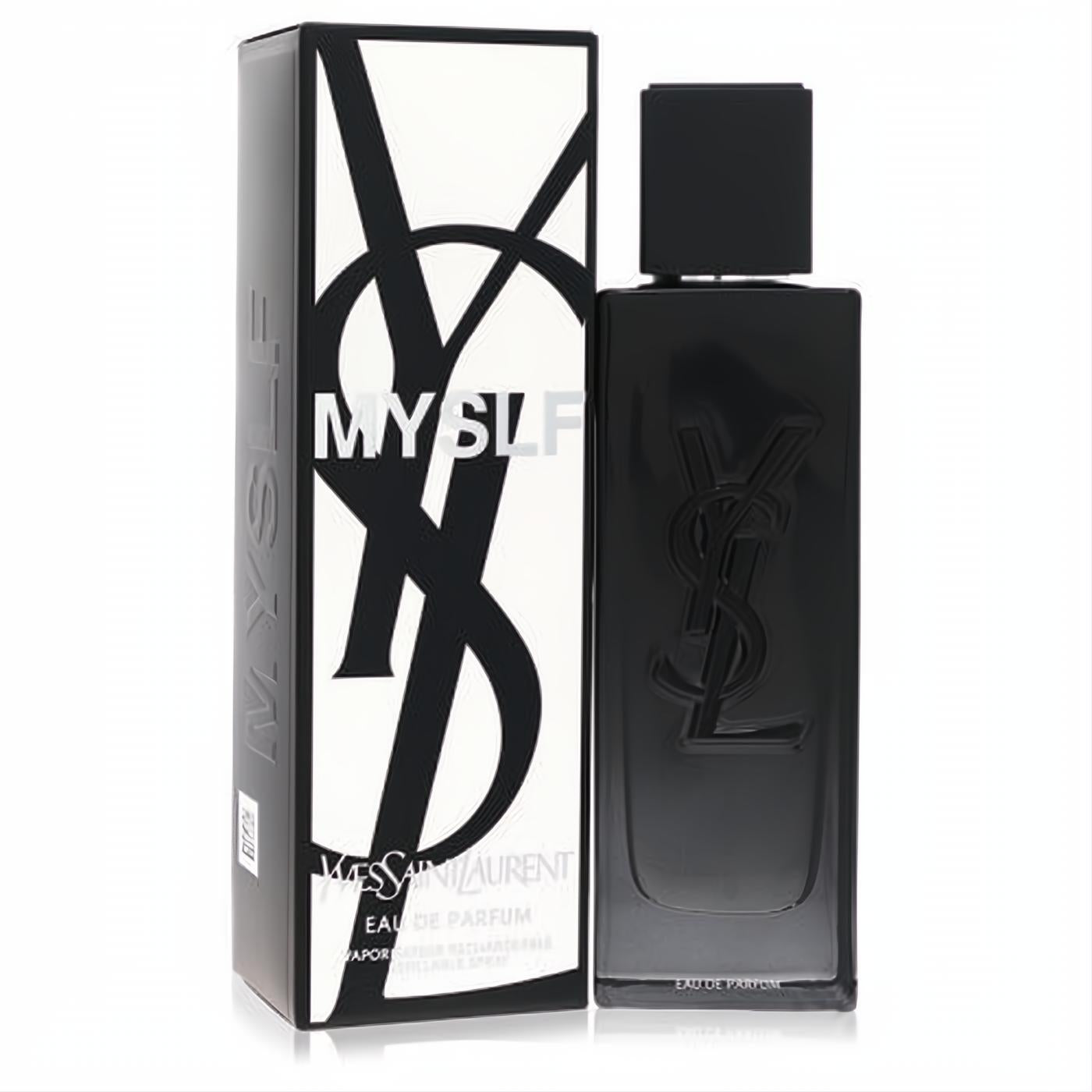 Yves Saint Laurent Myslf 2 oz men's EDP. Sleek black refillable bottle with embossed YSL logo, beside its modern black and white box.