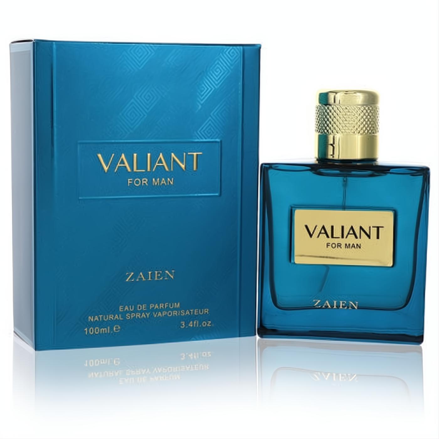 Zaien Valiant 3.4 oz men's EDP: sleek deep blue bottle with a textured gold cap, displayed with its matching box.