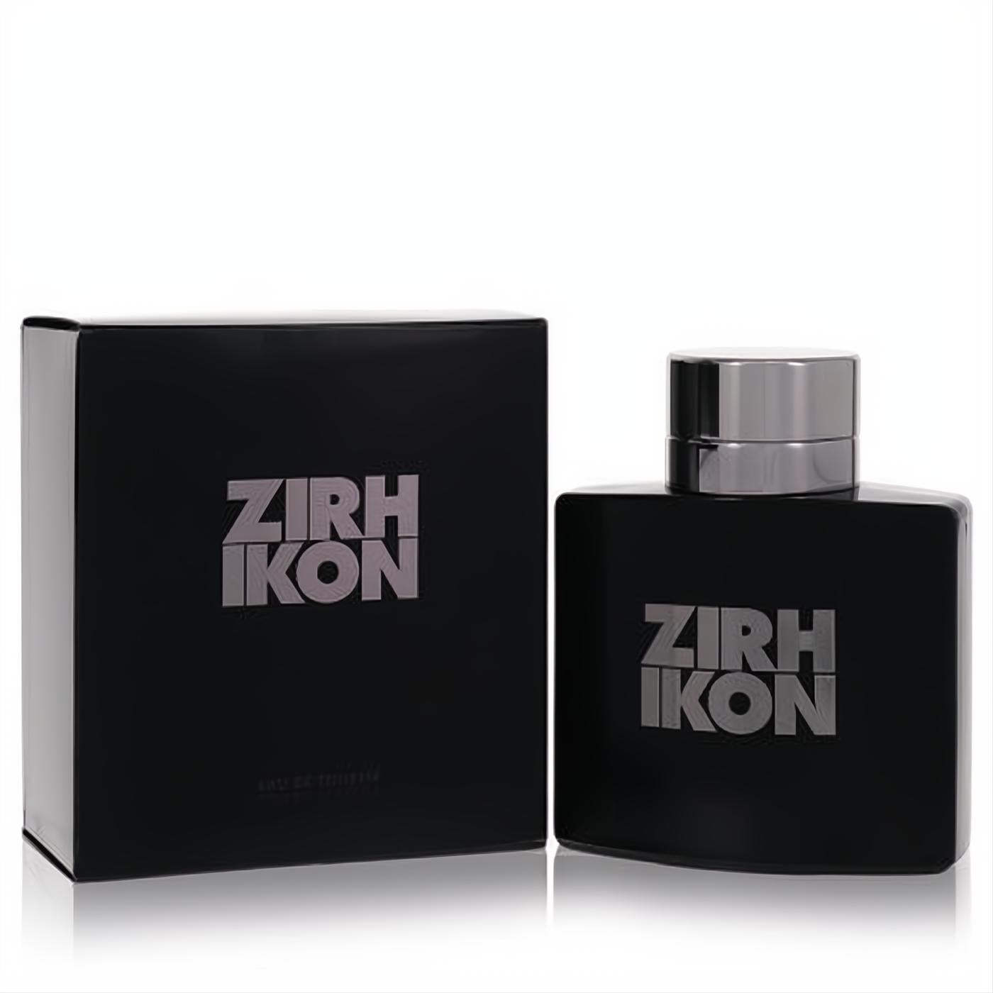 Zirh Ikon men's Eau De Toilette. Sophisticated matte black bottle and matching box with bold silver branding.