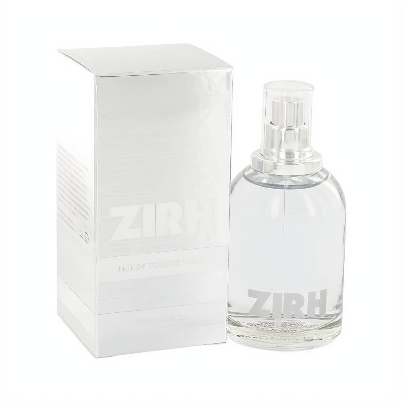 Zirh Eau De Toilette spray for men, 2.5 oz. Sleek clear glass bottle with silver cap and elegant metallic box.