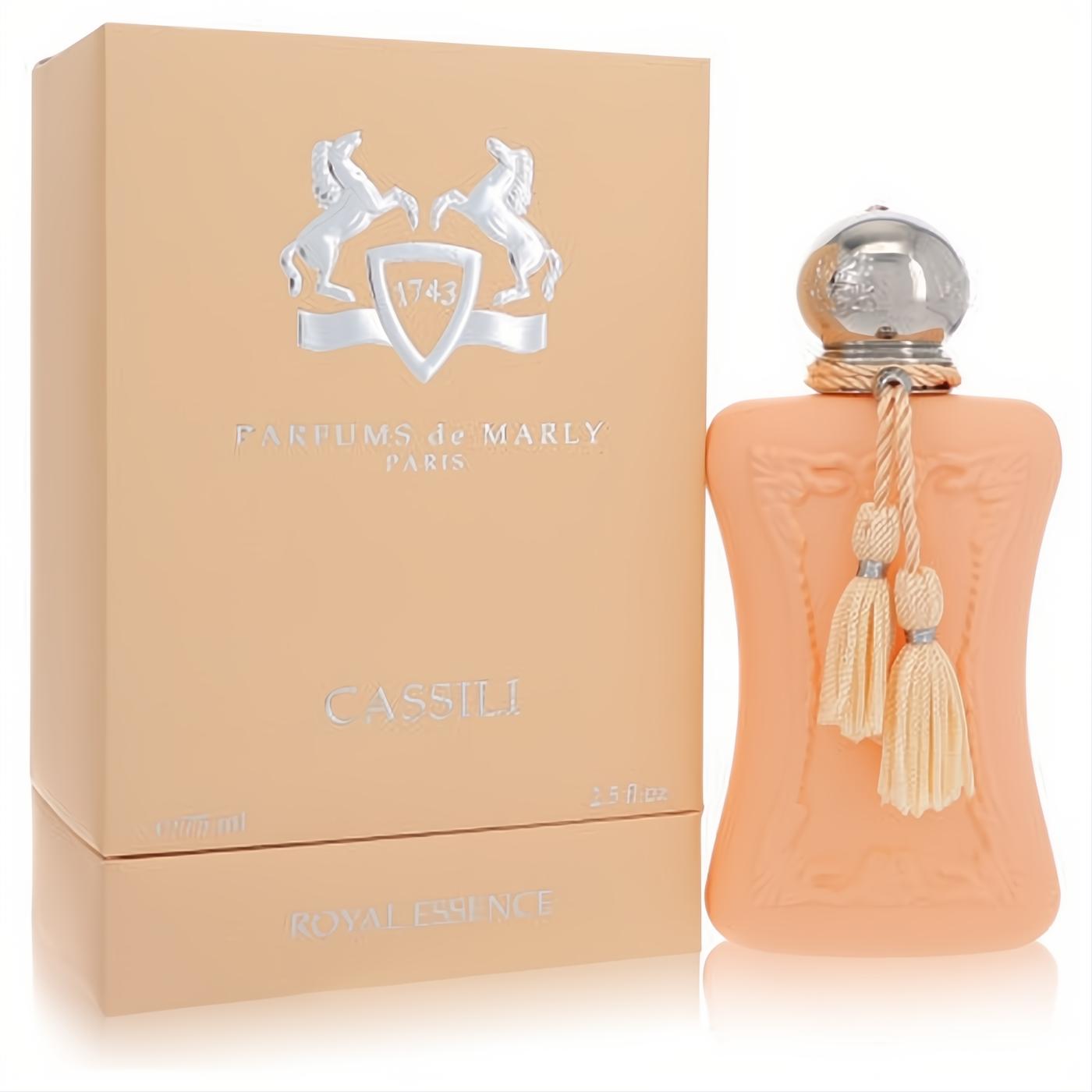 Exquisite Parfums de Marly Cassili 2.5 oz women's EDP. Features a feminine peach bottle with silver cap, tassels, and elegant matching box.