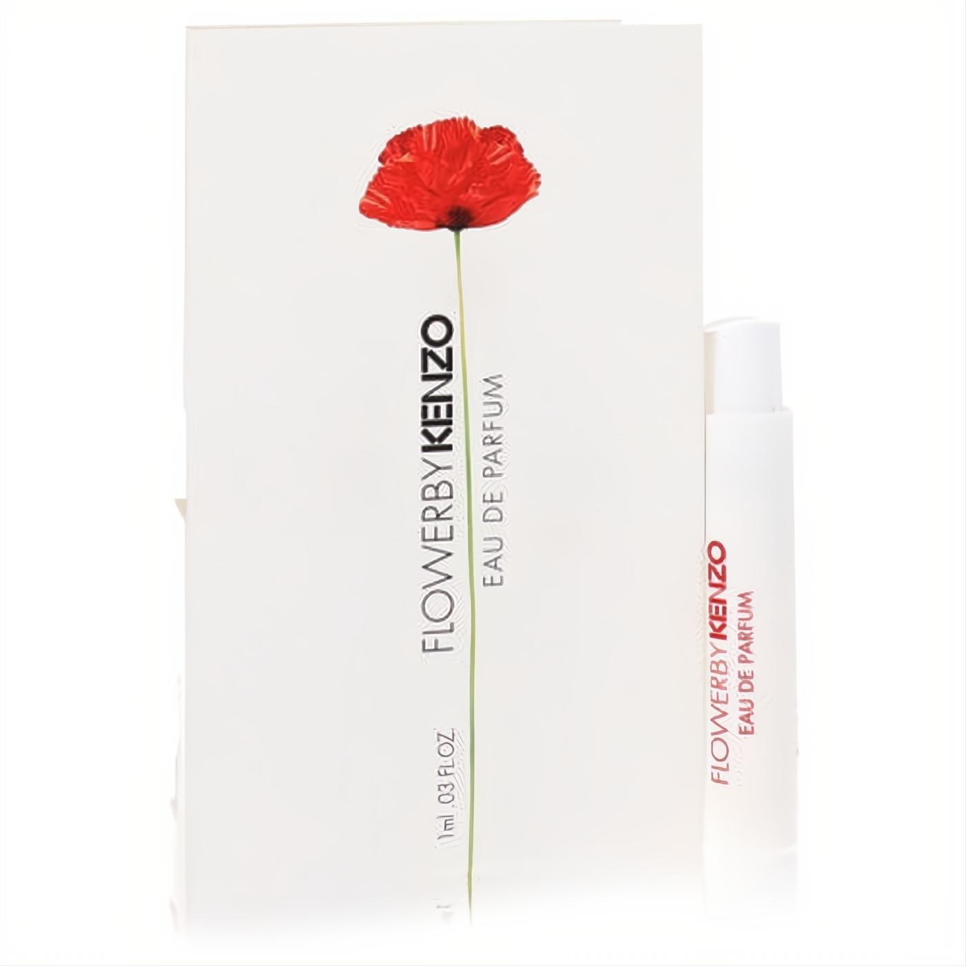 Discover Flower by Kenzo EDP! Elegant white 0.03 oz sample vial with red text, presented with a matching poppy graphic card.