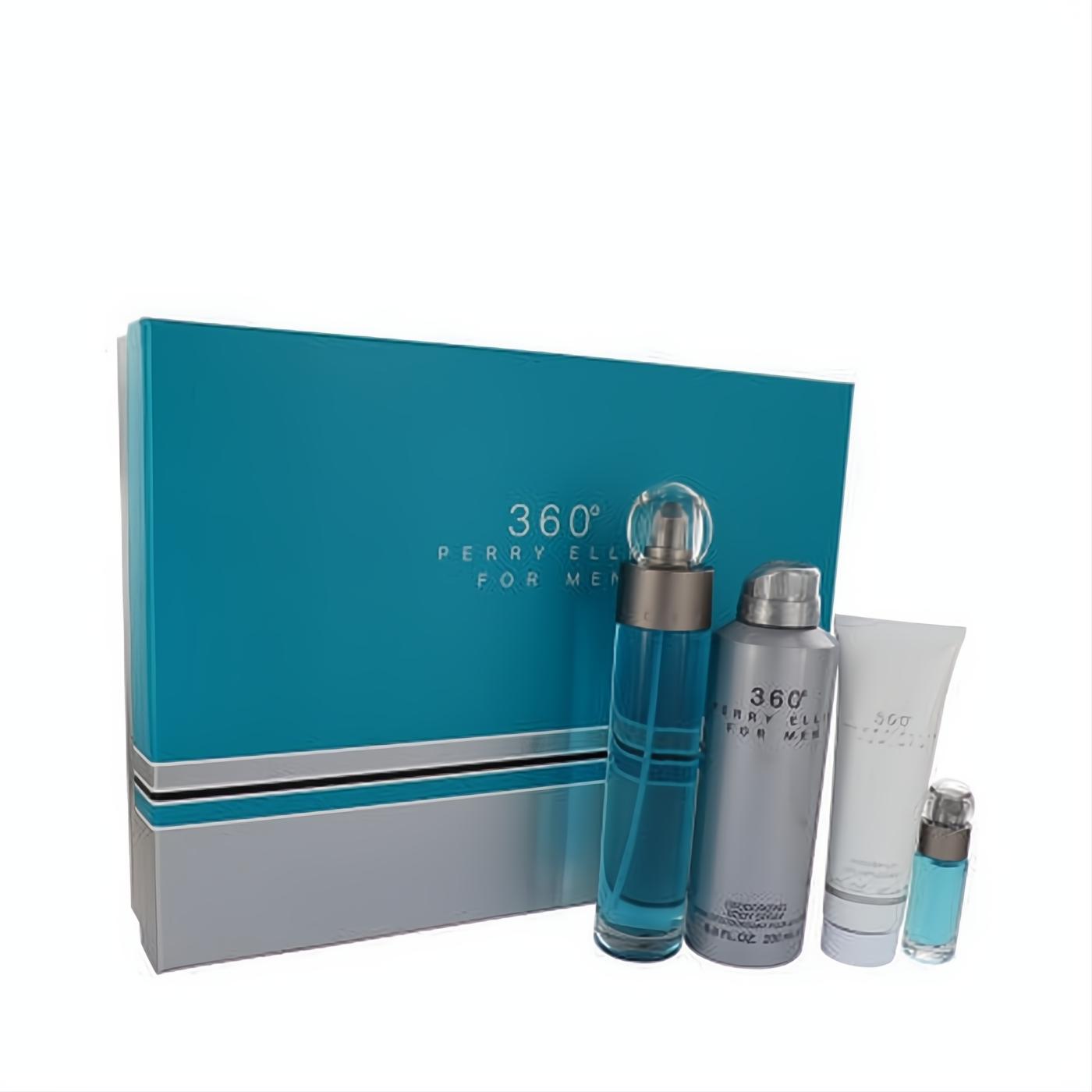 Perry Ellis 360 for Men gift set: a vibrant teal box with blue EDT, silver body spray, white shower gel, and mini cologne.