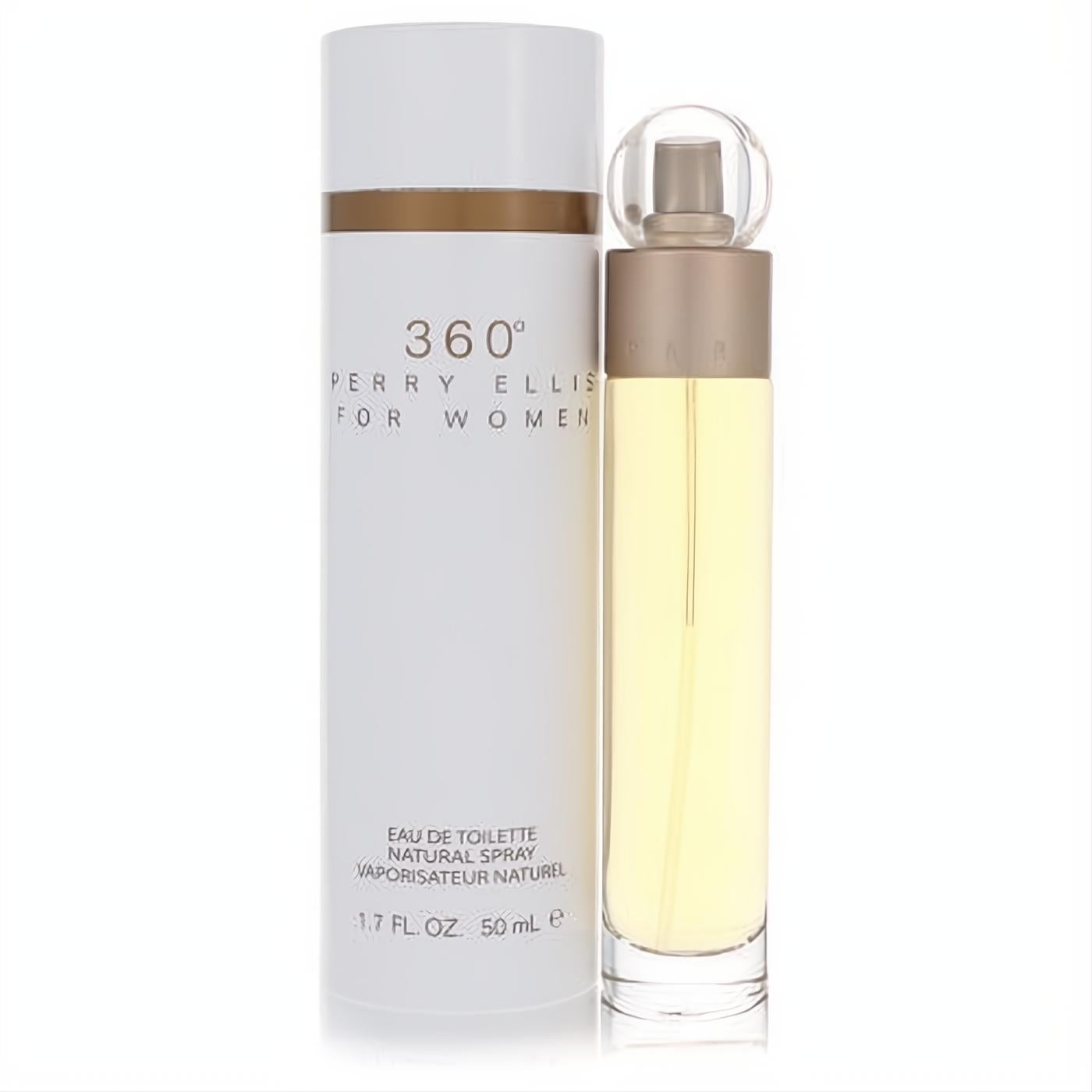 Perry Ellis 360 For Women 1.7 oz Eau de Toilette. Iconic white box with gold accents and a sleek clear glass bottle.