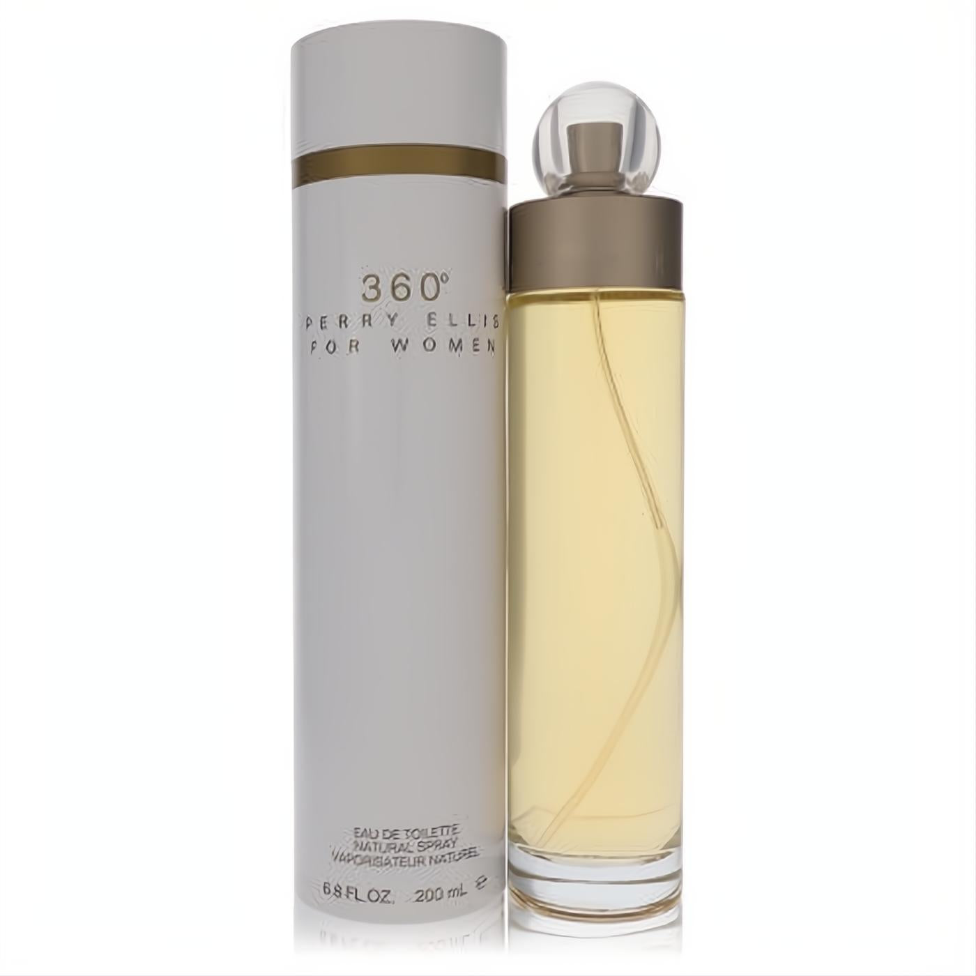 Perry Ellis 360 for Women 6.7 oz EDT. Elegant clear glass bottle with gold accents, spherical cap, and white cylindrical box.