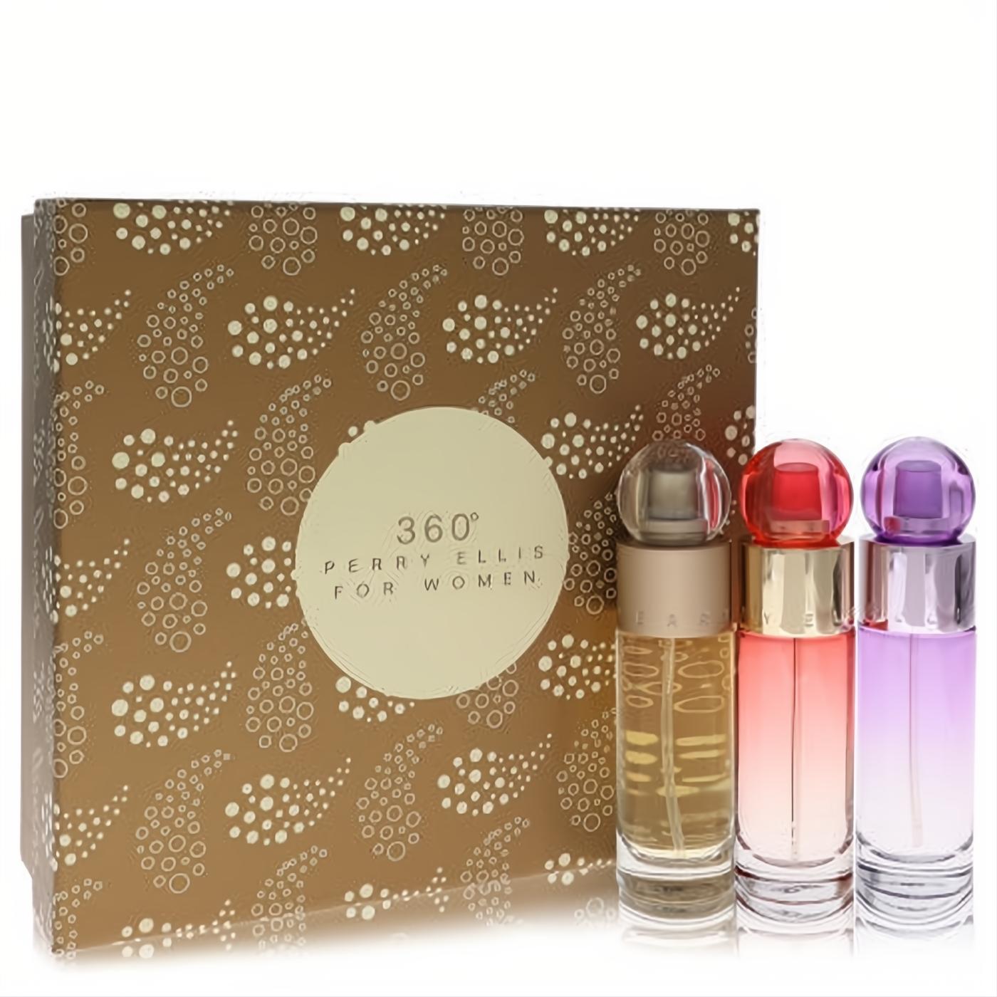Exquisite Perry Ellis 360 women's fragrance gift set: gold box with dotted design, three 1 oz perfumes in yellow, coral, and purple.