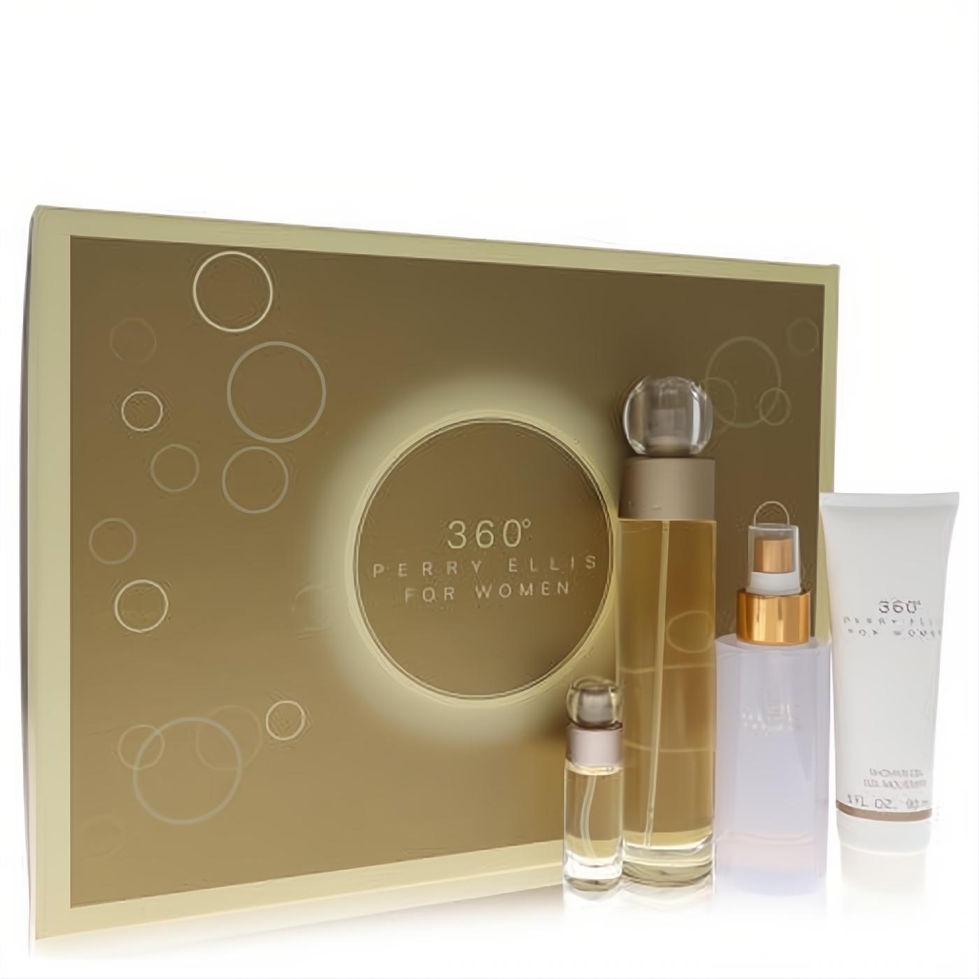 Luxurious Perry Ellis 360 For Women 4-piece gift set: elegant gold box, EDT spray, body mist, shower gel, and mini fragrance.