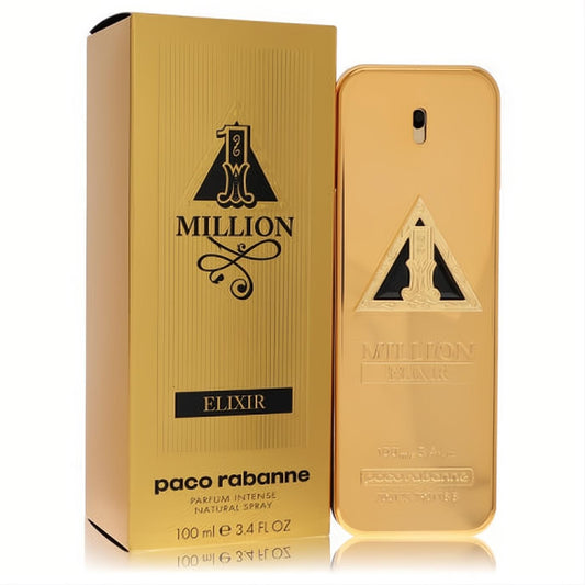 Sleek gold Paco Rabanne 1 Million Elixir 3.4 oz Eau De Parfum Intense spray bottle and matching box, with bold black triangle logo.