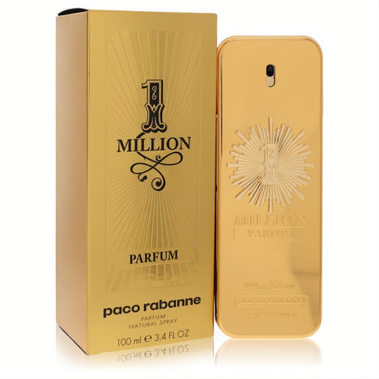 Iconic gold Paco Rabanne 1 Million Parfum 3.4 oz men's spray. Sleek gold bar bottle with sunburst detail and matching box.