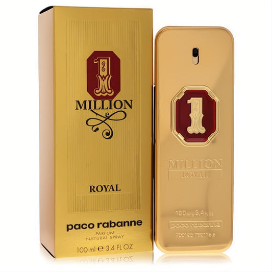 Paco Rabanne 1 Million Royal 3.4 oz men's parfum spray. Luxurious gold bar bottle with red '1' emblem, beside its elegant gold box.