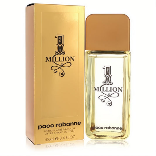 Luxurious Paco Rabanne 1 Million After Shave Lotion. Golden box and sleek 3.4 oz clear glass bottle with gold cap.