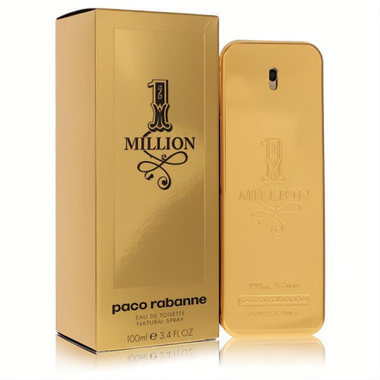 Bold Paco Rabanne 1 Million men's Eau De Toilette, 3.4 oz, in its signature gold bar bottle and matching luxurious box.