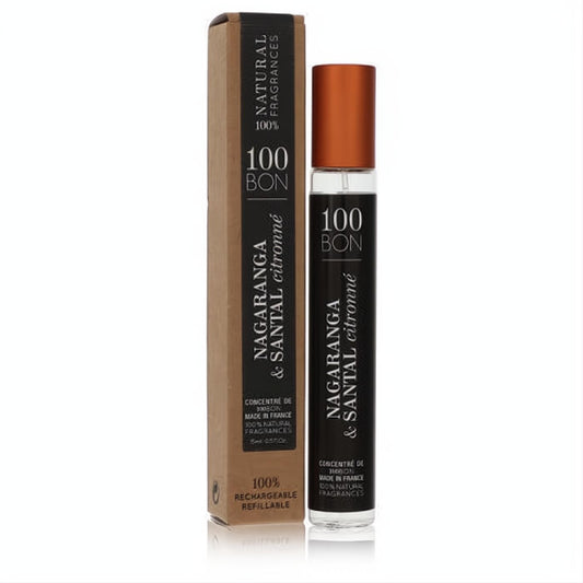 Sleek 100 Bon Nagaranga & Santal Citronne .5 oz unisex perfume, a black refillable spray bottle with a copper cap, beside its natural brown box.