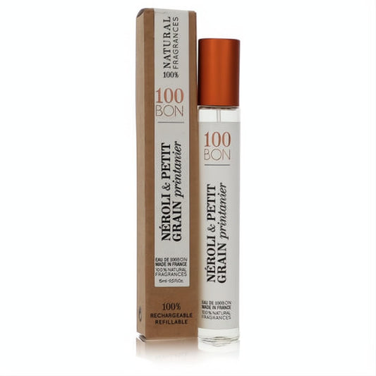 100 Bon Neroli & Petit Grain Printanier .5oz unisex refillable fragrance. White bottle, striking orange cap, and natural brown box.