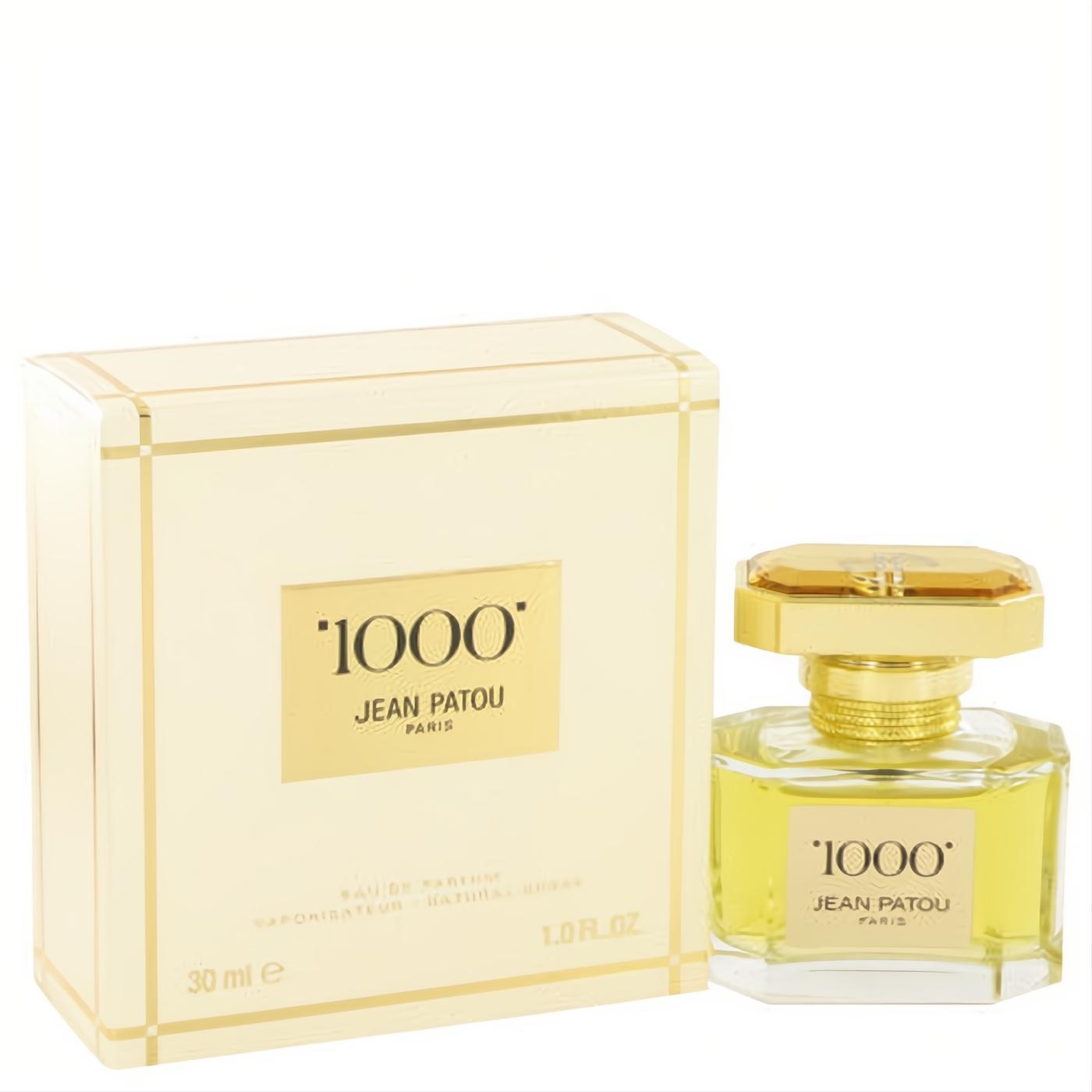 Luxurious 1000 by Jean Patou Eau De Parfum 1 oz for women. Features elegant clear glass bottle with gold cap and matching cream box.