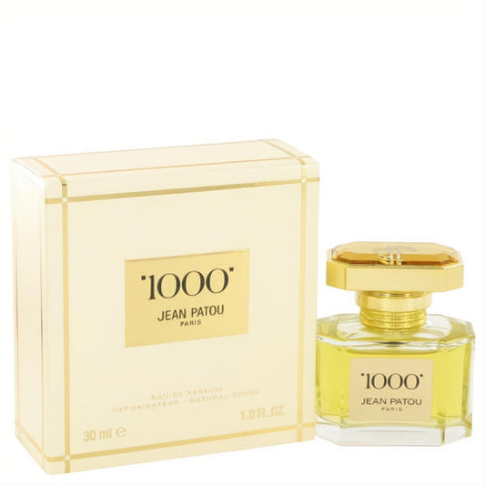 Luxurious 1000 by Jean Patou Eau De Parfum 1 oz for women. Features elegant clear glass bottle with gold cap and matching cream box.