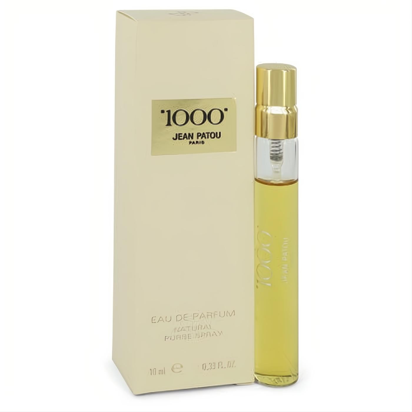 Chic Jean Patou 1000 Eau De Parfum .33 oz spray. Gold-capped clear glass bottle and elegant cream packaging.