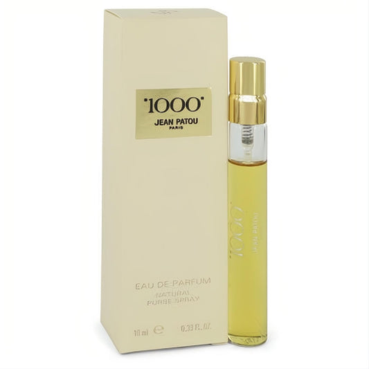 Chic Jean Patou 1000 Eau De Parfum .33 oz spray. Gold-capped clear glass bottle and elegant cream packaging.