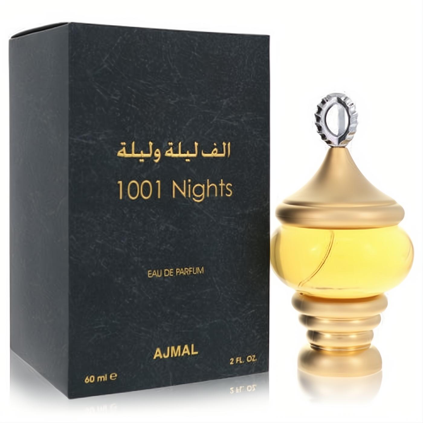 Ajmal 1001 Nights 2 oz EDP in a luxurious gold genie-style bottle with a faceted cap, beside its elegant black box.