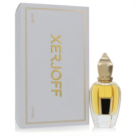Luxurious Xerjoff 17/17 Stone Label Homme 1.7 oz EDP in an ornate clear glass bottle with a sculpted gold cap and elegant white & gold box.