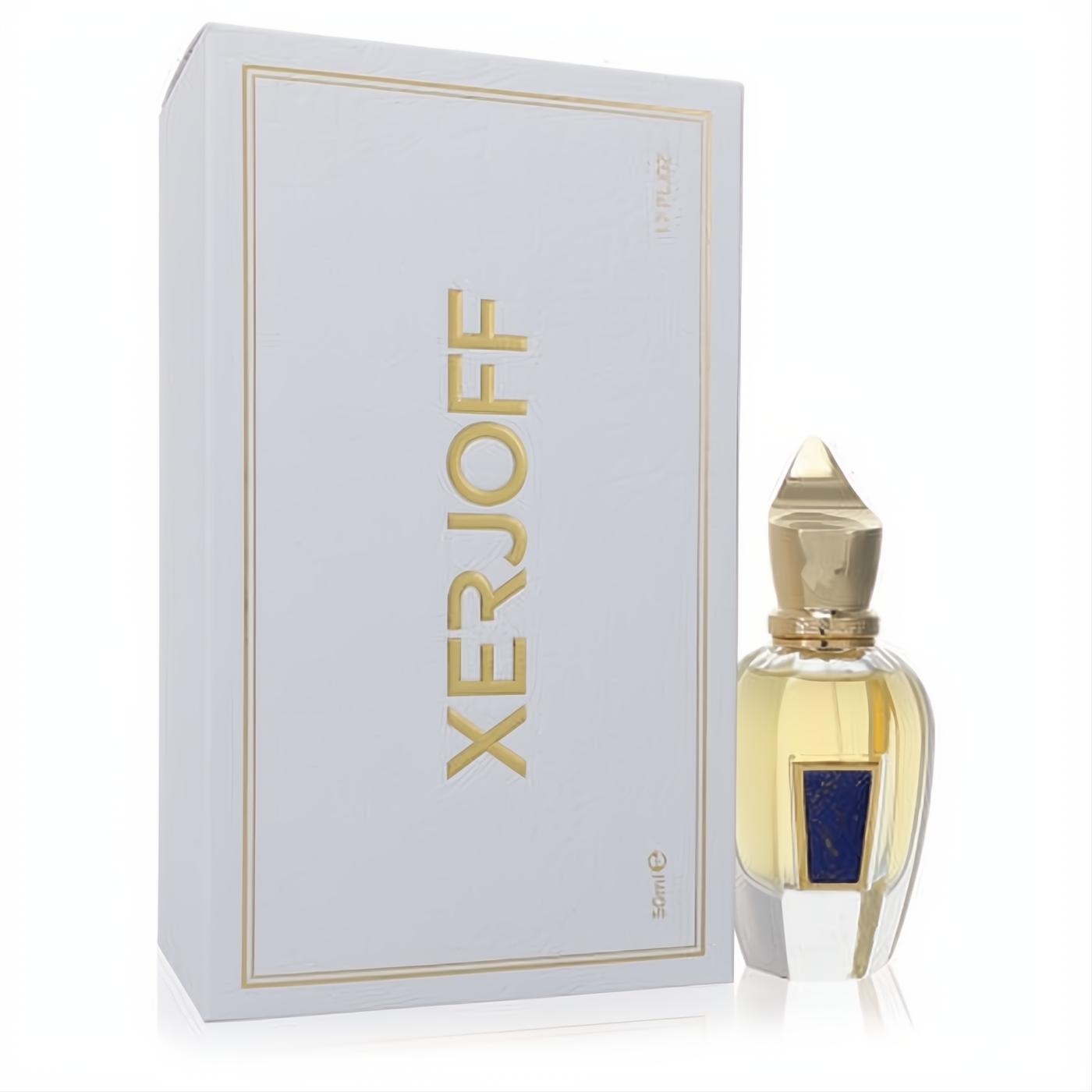Luxurious Xerjoff Stone Label XXY 1.7 oz perfume. Elegant white box with gold accents and clear bottle featuring a striking blue stone.