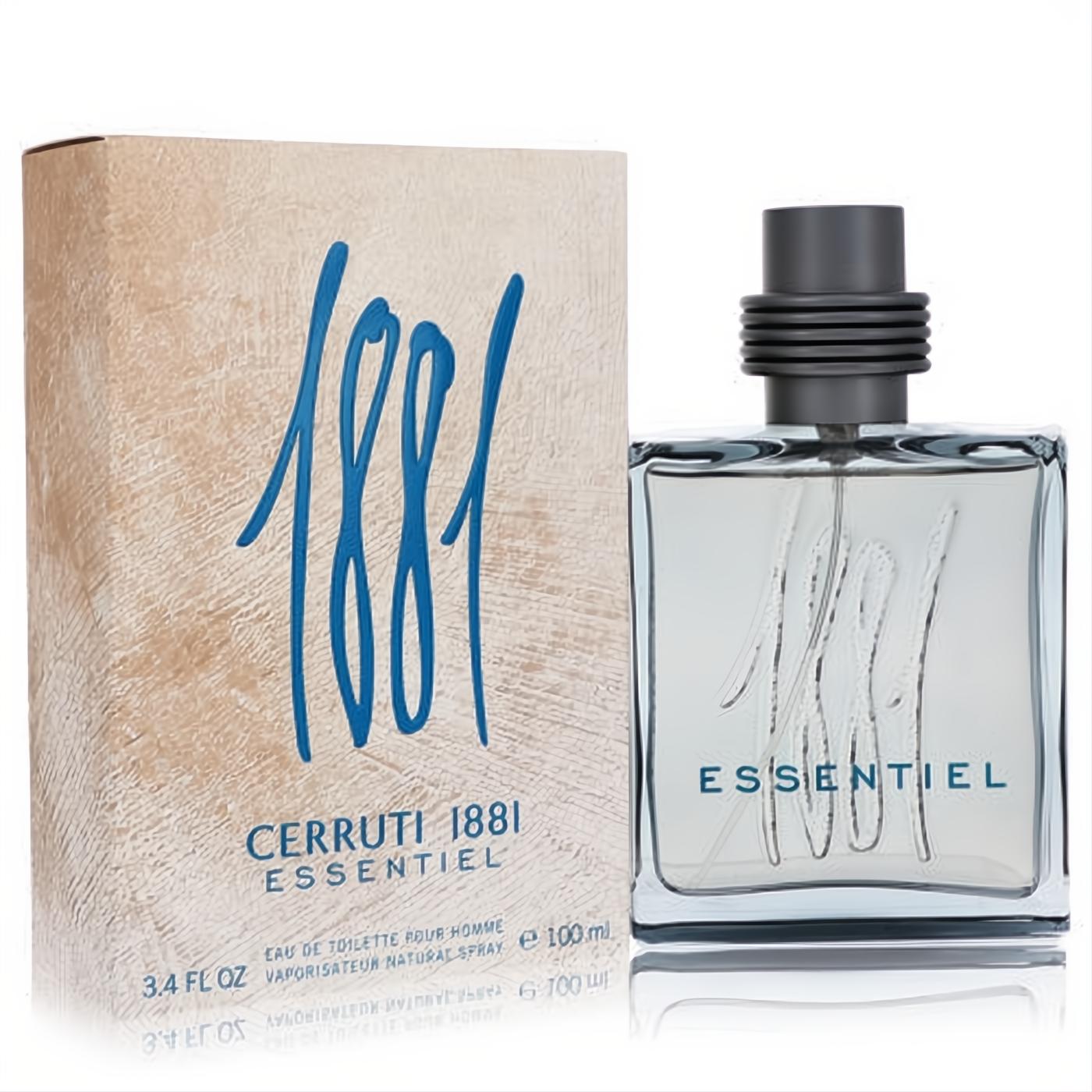 Cerruti 1881 Essentiel 100ml men's EDT. Sleek clear glass bottle with dark cap, next to a stylish textured beige box with bold blue "188