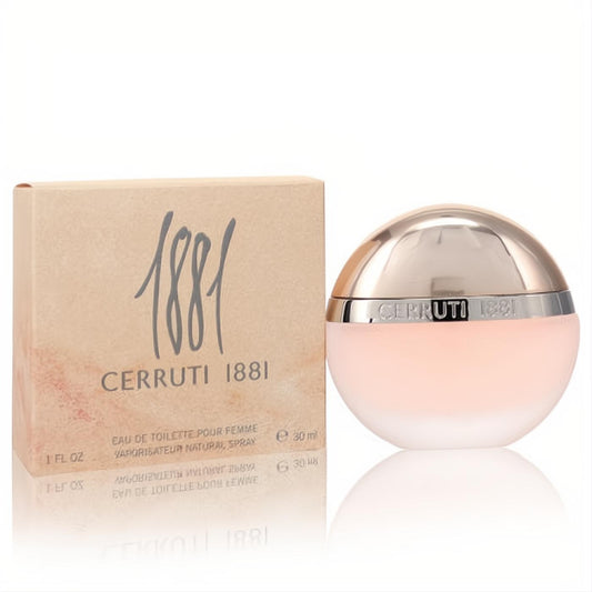 Sophisticated Cerruti 1881 women's 1 oz EDT with a frosted pink spherical bottle and engraved silver cap, beside its branded beige box.