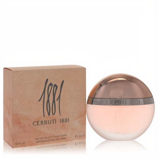 Experience Cerruti 1881 women's 1.7 oz EDT. Elegant round pale pink bottle with rose gold cap, beside its chic tan box.