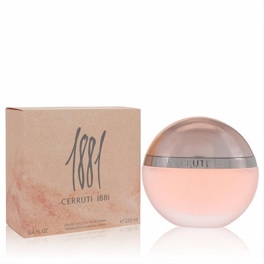 Cerruti 1881 women's 3.4 oz EDT. Elegant frosted pink spherical bottle, metallic cap, and branded beige box.