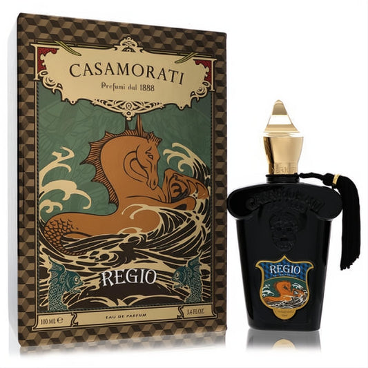 Unisex Xerjoff 1888 Regio Eau De Parfum, 3.4 oz. Bold black bottle, gold cap, and ornate box with a captivating sea creature design.