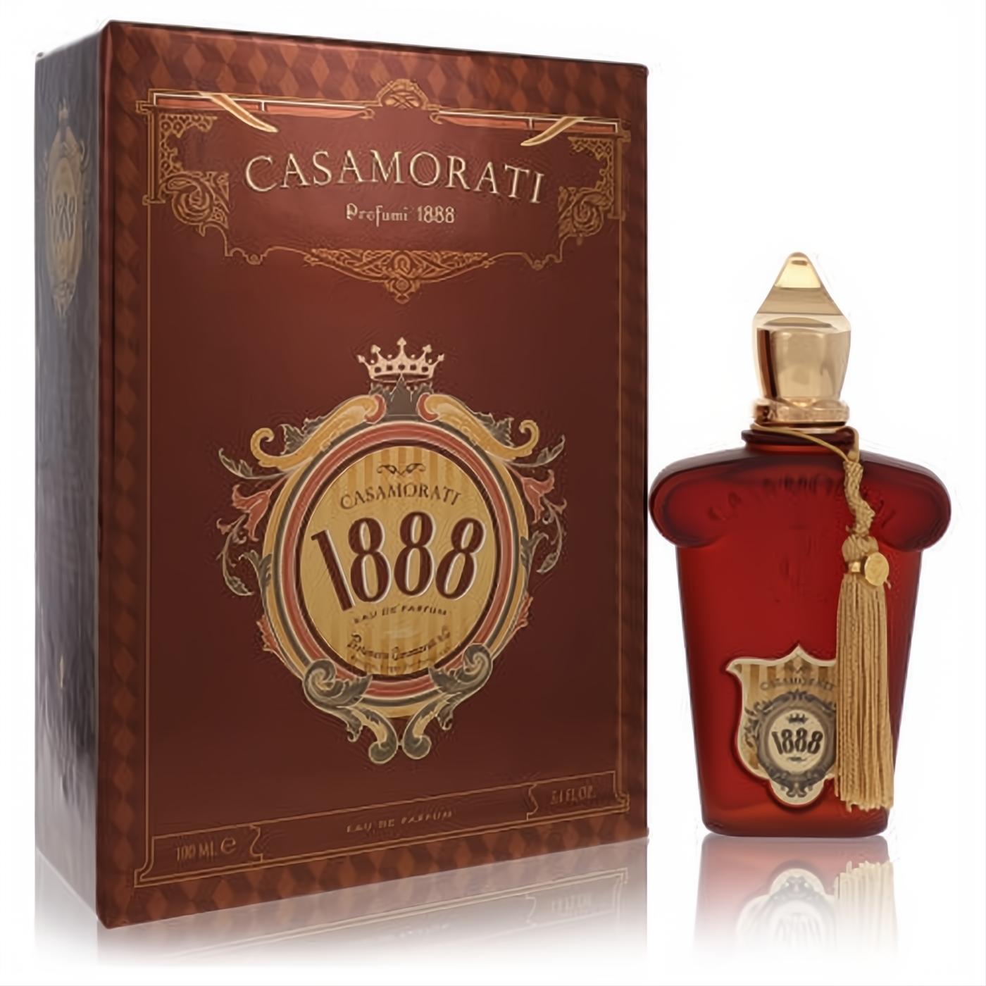 Stunning Xerjoff 1888 EDP 3.4 oz in an elegant deep red glass bottle with ornate gold cap, tassel, and luxurious matching box.
