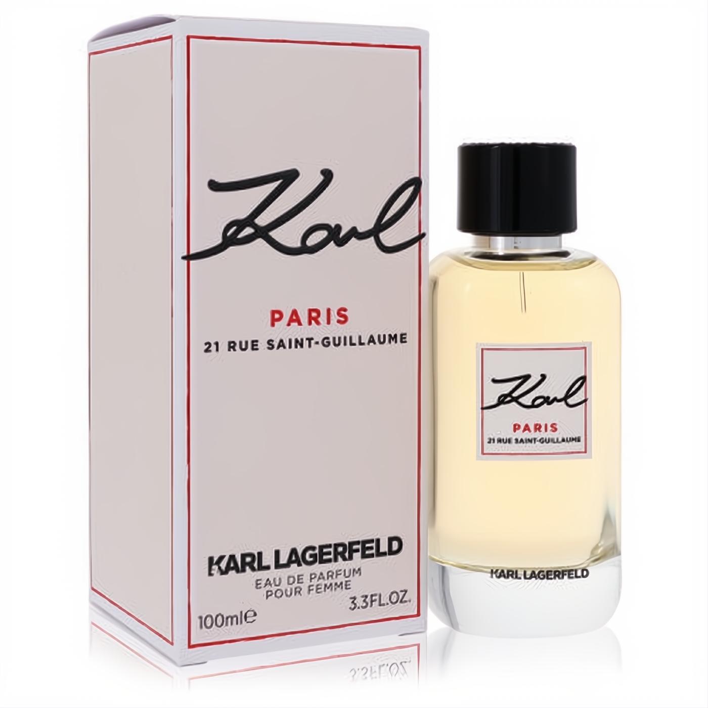 Elegant Karl Lagerfeld 21 Rue Saint Guillaume 3.3 oz women's EDP. Clear bottle with light yellow fragrance, black cap, and iconic signature logo.