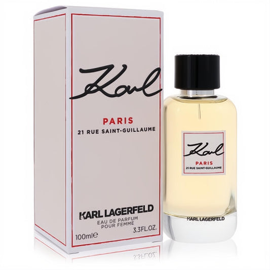 Elegant Karl Lagerfeld 21 Rue Saint Guillaume 3.3 oz women's EDP. Clear bottle with light yellow fragrance, black cap, and iconic signature logo.