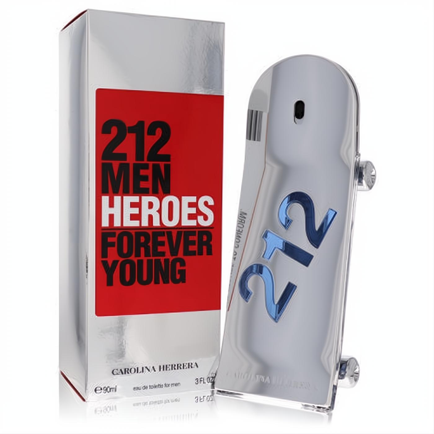 Bold 212 Heroes by Carolina Herrera 3 oz men's cologne in a unique silver skateboard bottle with blue '212', beside its red box.
