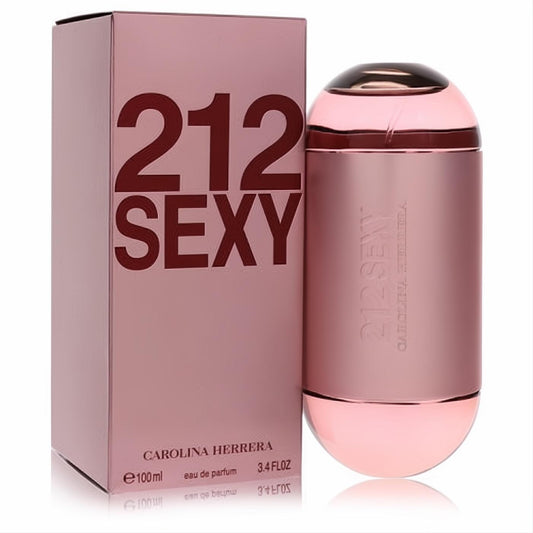 Luxurious Carolina Herrera 212 Sexy 3.4 oz EDP in a sleek rose gold bottle with its chic pink box.