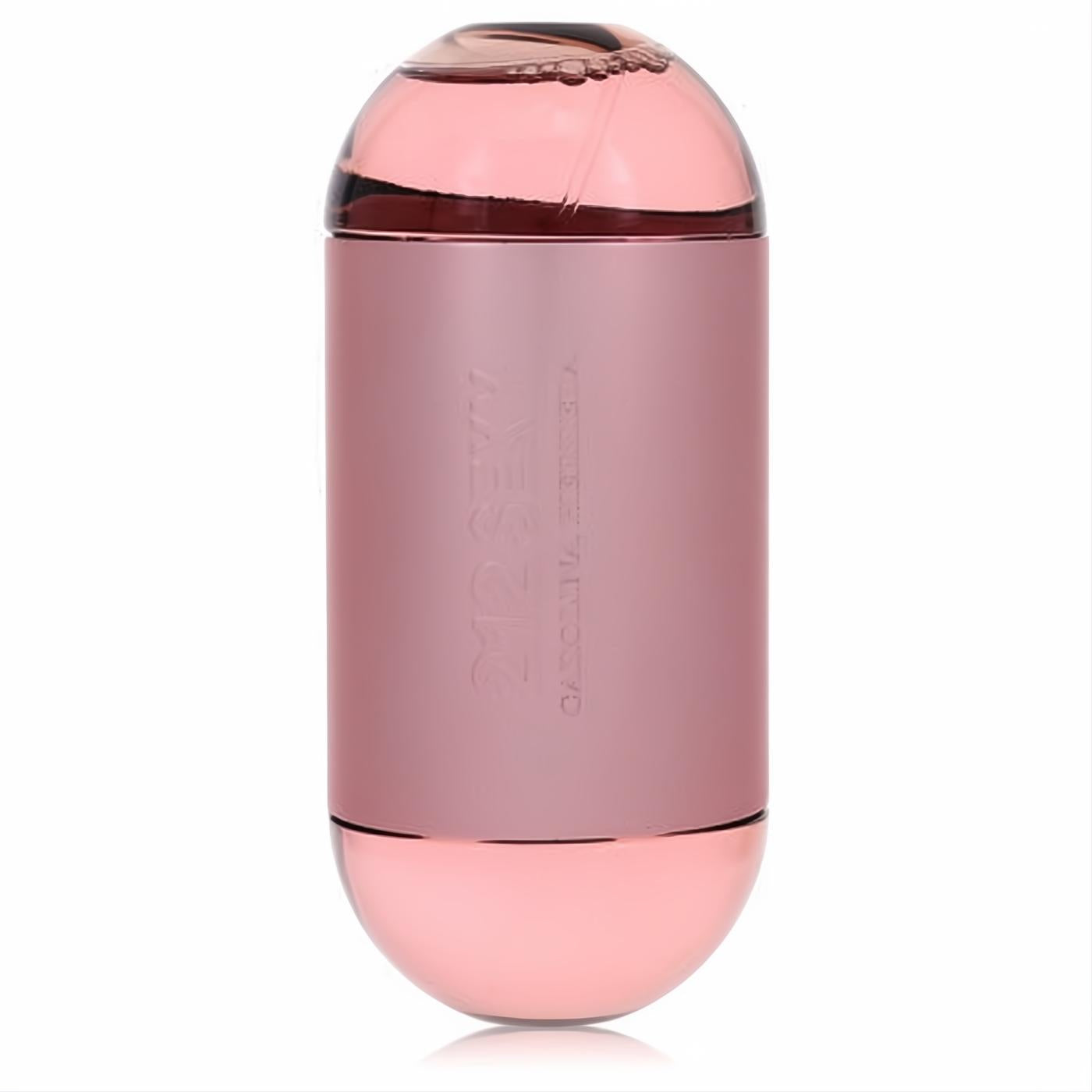 Elegant 212 Sexy Carolina Herrera 3.4 oz women's EDP tester. Rose gold metallic bottle with embossed details and visible pink fragrance.