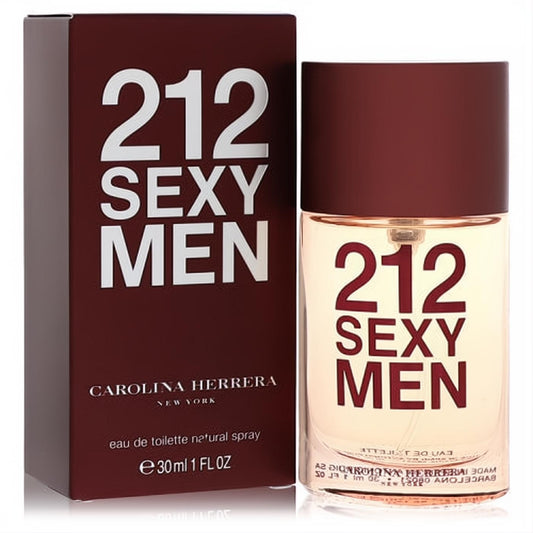 Experience 212 Sexy Men 1 oz EDT by Carolina Herrera. Bold dark red box, sleek clear bottle with amber men's cologne.