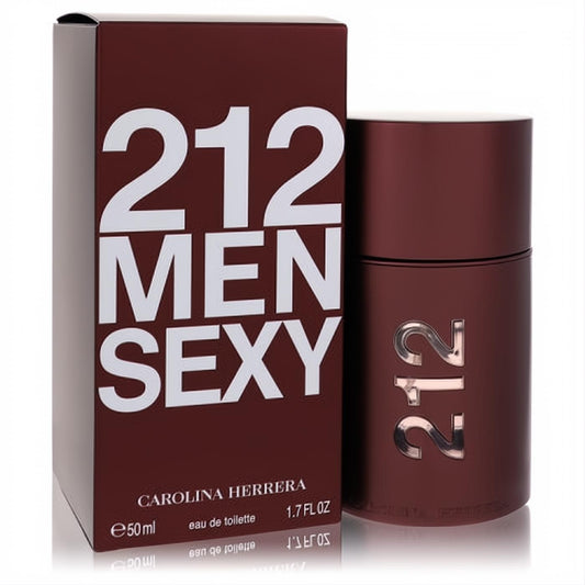 Bold maroon 212 Sexy Men's Eau De Toilette spray 1.7 oz by Carolina Herrera, presented in a sleek bottle and box.