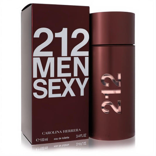Sleek Carolina Herrera 212 Sexy Men 3.4 oz cologne. Bold dark red bottle with metallic '212' and matching display box.