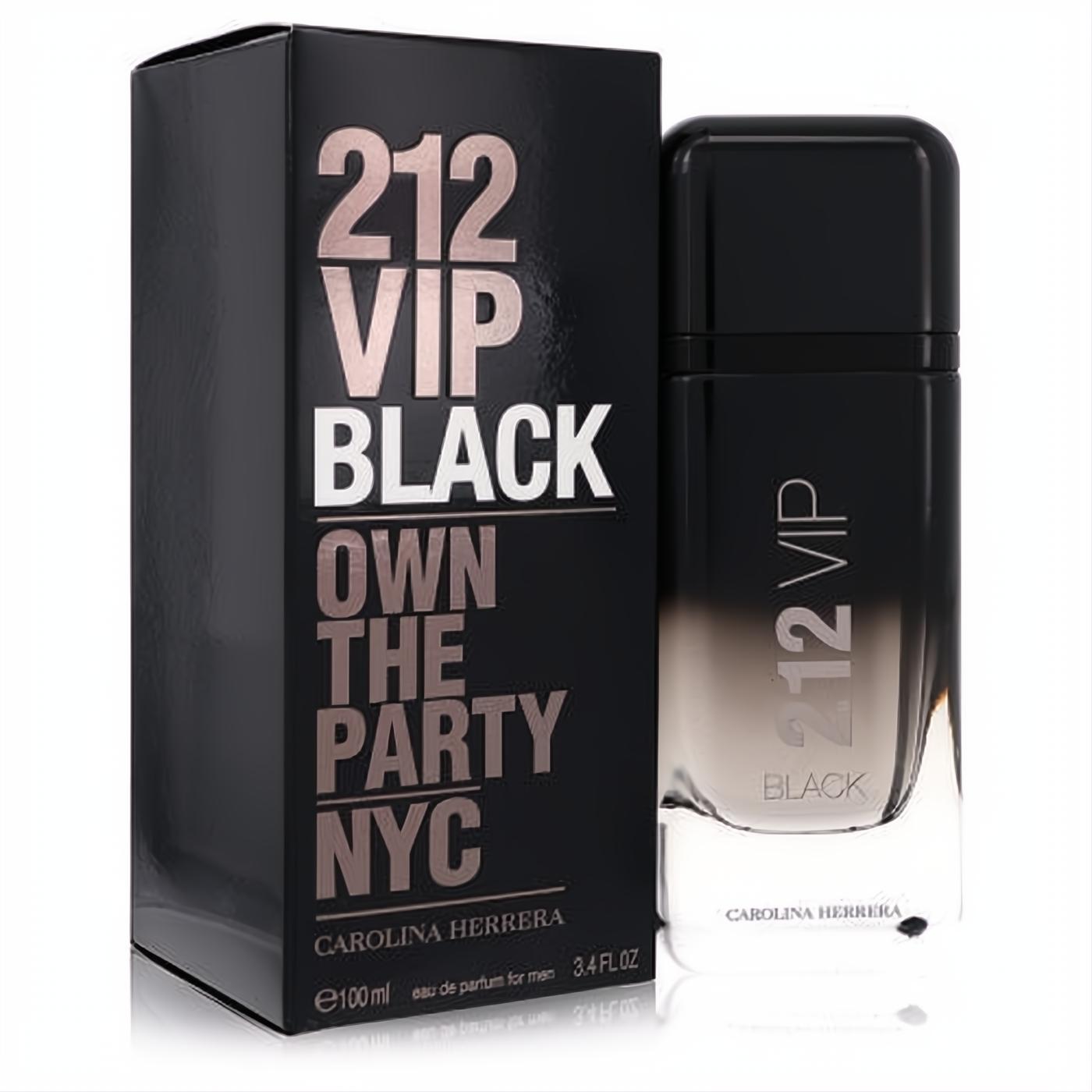 212 VIP Black by Carolina Herrera 3.4 oz men's Eau De Parfum. Bold black gradient bottle and matching box for a sophisticated scent.