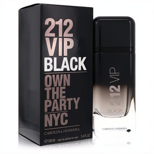 212 VIP Black by Carolina Herrera 3.4 oz men's Eau De Parfum. Bold black gradient bottle and matching box for a sophisticated scent.