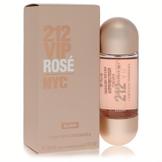 Carolina Herrera 212 VIP Rosé Elixir 1 oz women's perfume in a chic rose gold bottle and matching branded box.