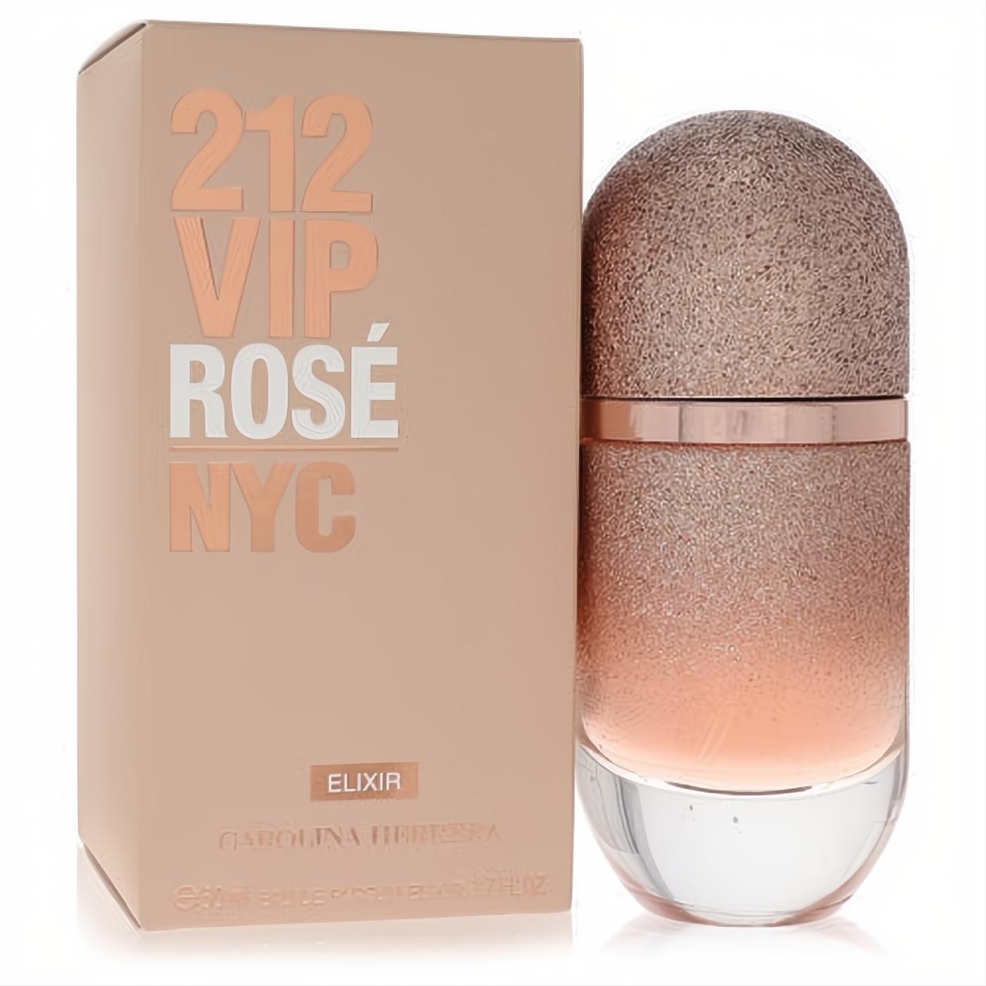 Carolina Herrera 212 VIP Rosé Elixir 1.7 oz EDP. Luxurious rose gold ombre bottle with sparkling cap, next to its chic matching box.