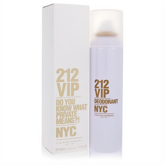 Luxurious white 212 VIP Carolina Herrera 5 oz women's deodorant spray and box with bold gold branding.