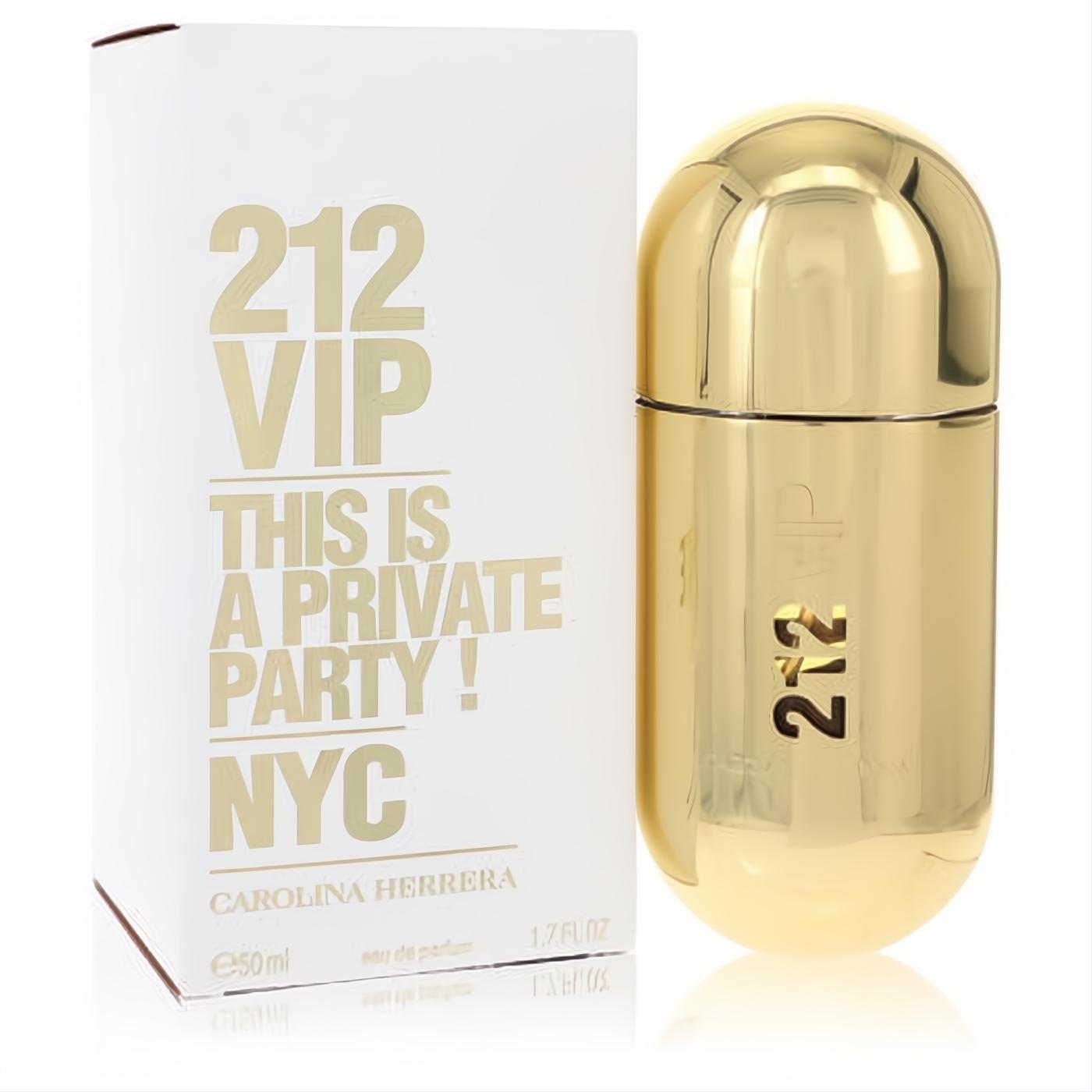 Captivating gold Carolina Herrera 212 VIP Eau De Parfum, 1.7 oz, in a sleek metallic capsule bottle with a branded white box.