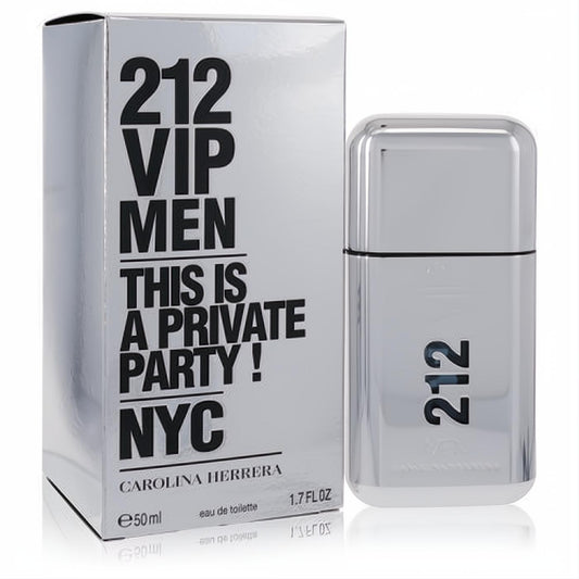 Elevate your style with the sleek silver 212 VIP Men Carolina Herrera 1.7 oz EDT spray and matching branded box.