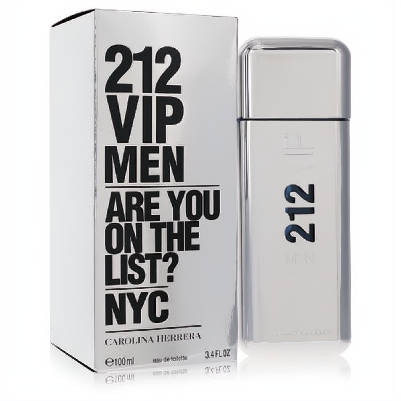 Iconic 212 VIP Men by Carolina Herrera 3.4 oz Eau De Toilette in a sleek silver bottle with its bold white box.
