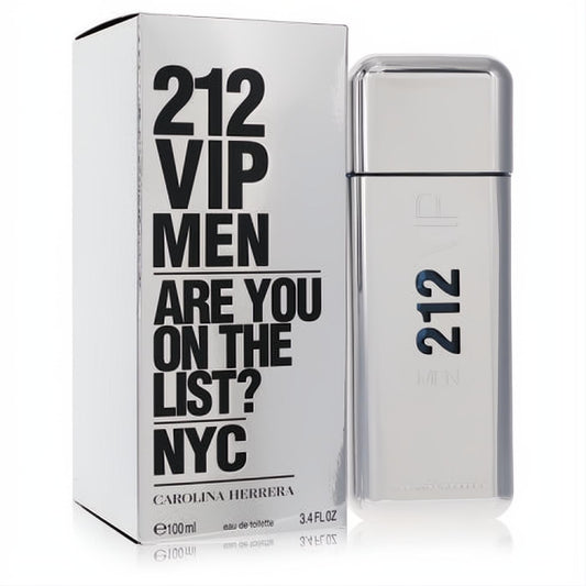 Iconic 212 VIP Men by Carolina Herrera 3.4 oz Eau De Toilette in a sleek silver bottle with its bold white box.
